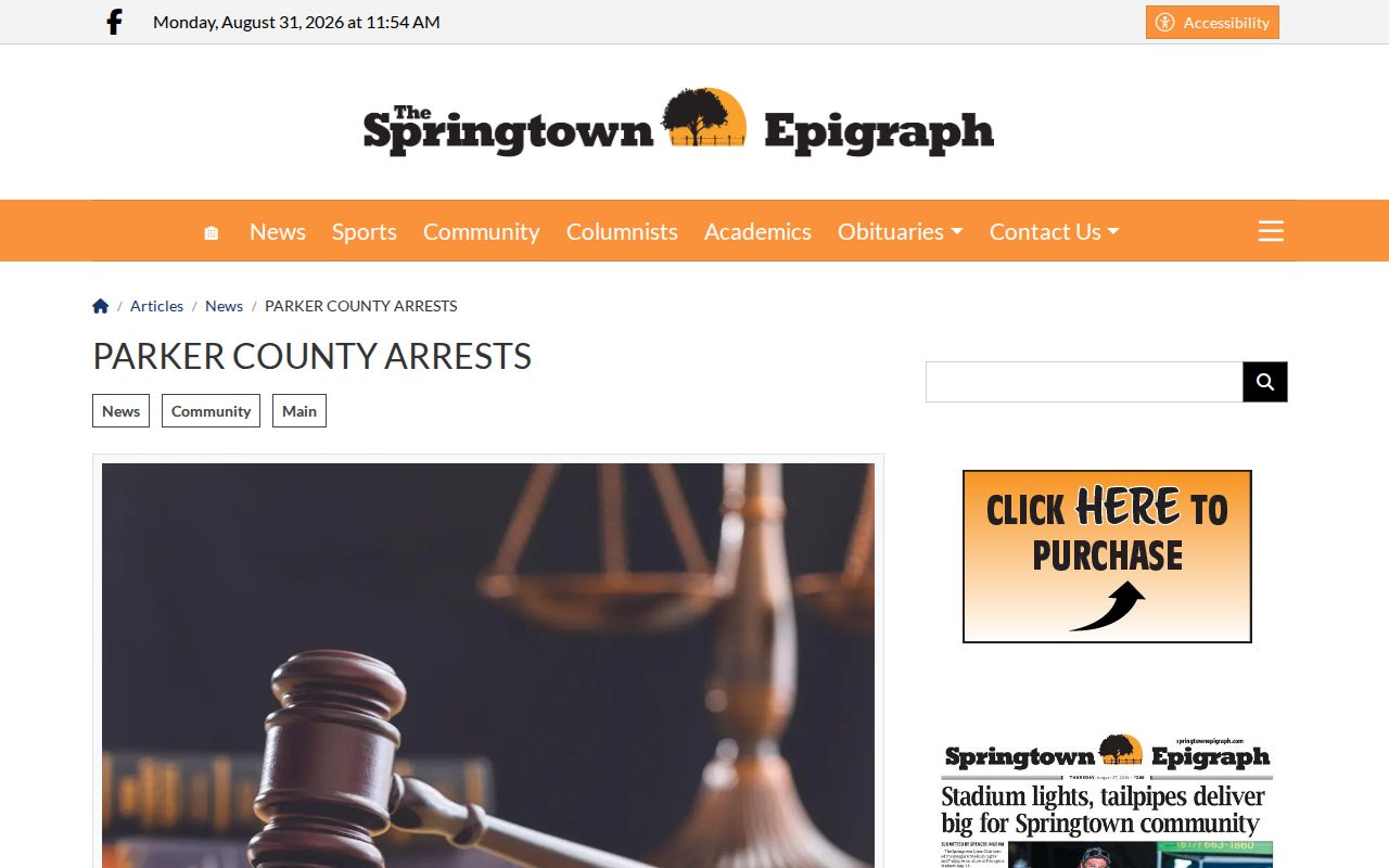 Screenshot of the Springtown Epigraph Parker County Arrests article heading and gavel illustration