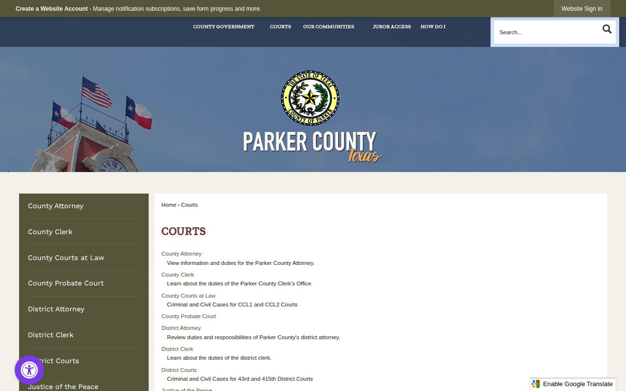 Screenshot of the Parker County Texas Courts directory page