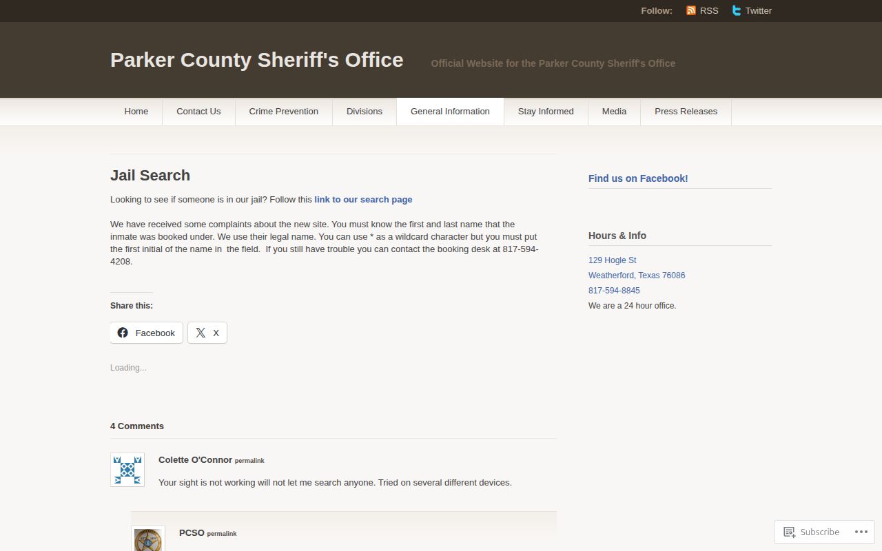 Parker County official jail search instructions for booking records